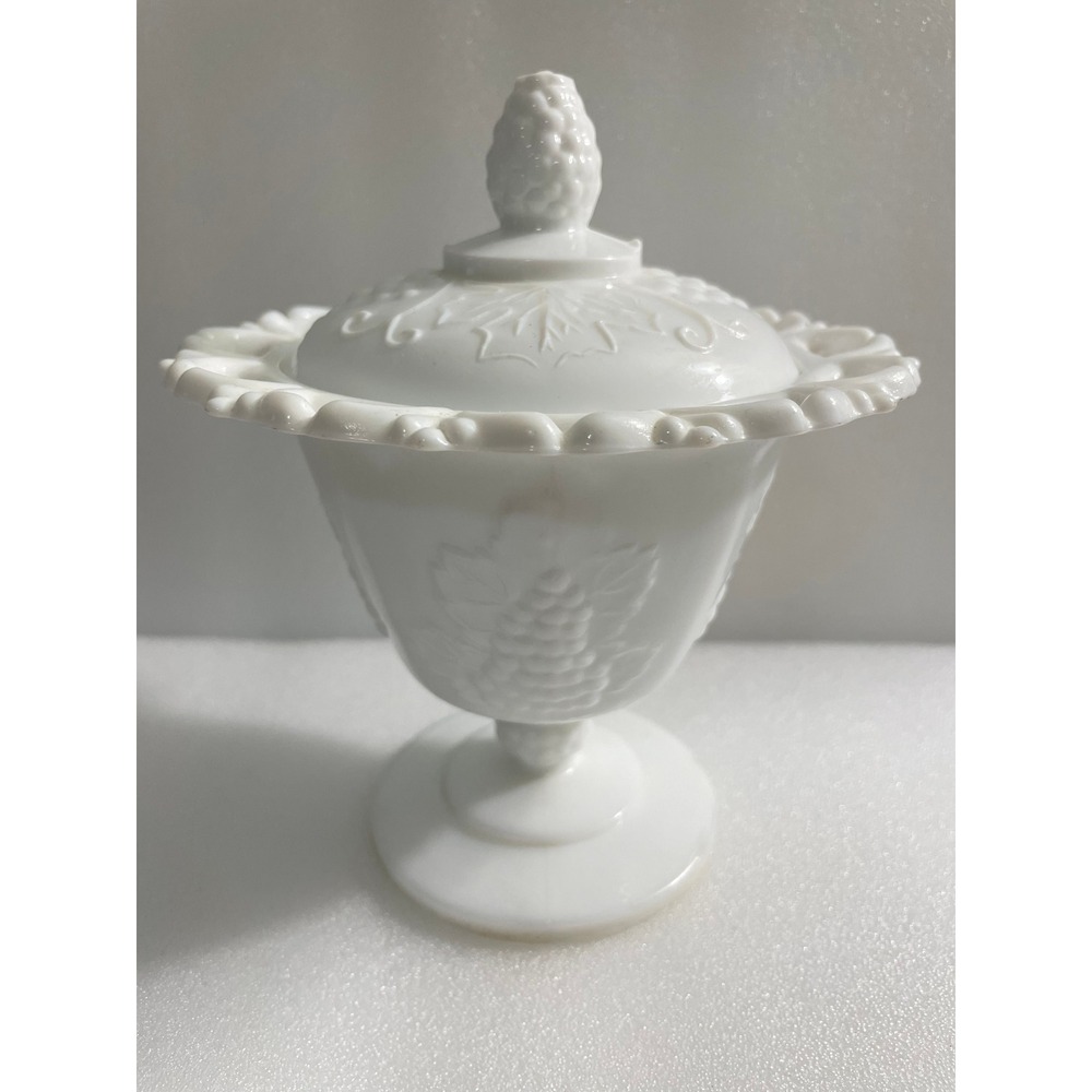 Vintage Indiana Milk Glass Harvest Grape Open Lace Candy Dish W/Lid